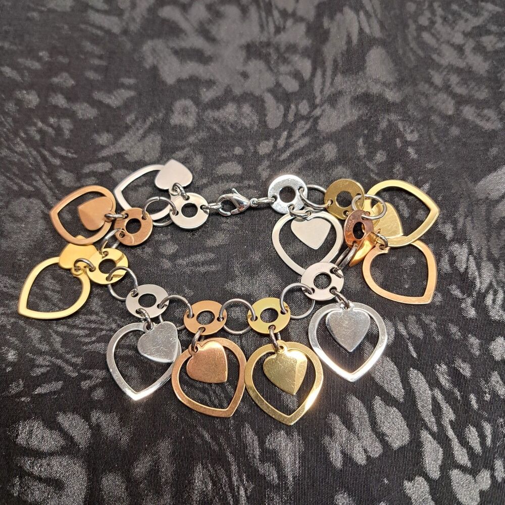Edforce Gold, silver, copper toned Hearts Charms Bracelet, Stainless Steel